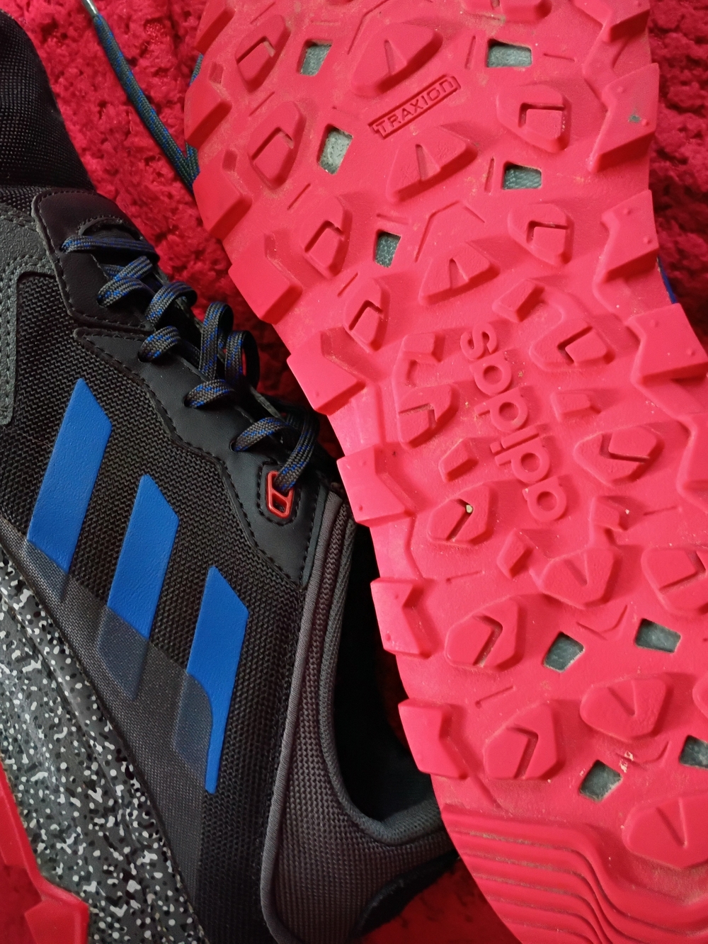 adidas Black Trail Shoes with Blue Stripes and Bright Red Outsoles Size 10.5 Men